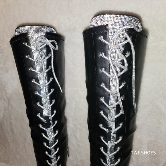 Roscoe Black Combat Thigh High Boots Iridescent Rhinestone Tongue Metallic Laces - Picture 11 of 14